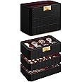 SONGMICS HOME RONNE Collection - 3-Tier Watch Box, Stackable 8-Slot Watch Case, Woven Embossed PU Leather, Floating Effect, Gift Idea, Ink Black Surface, Wine Red Lining UJWB021R01