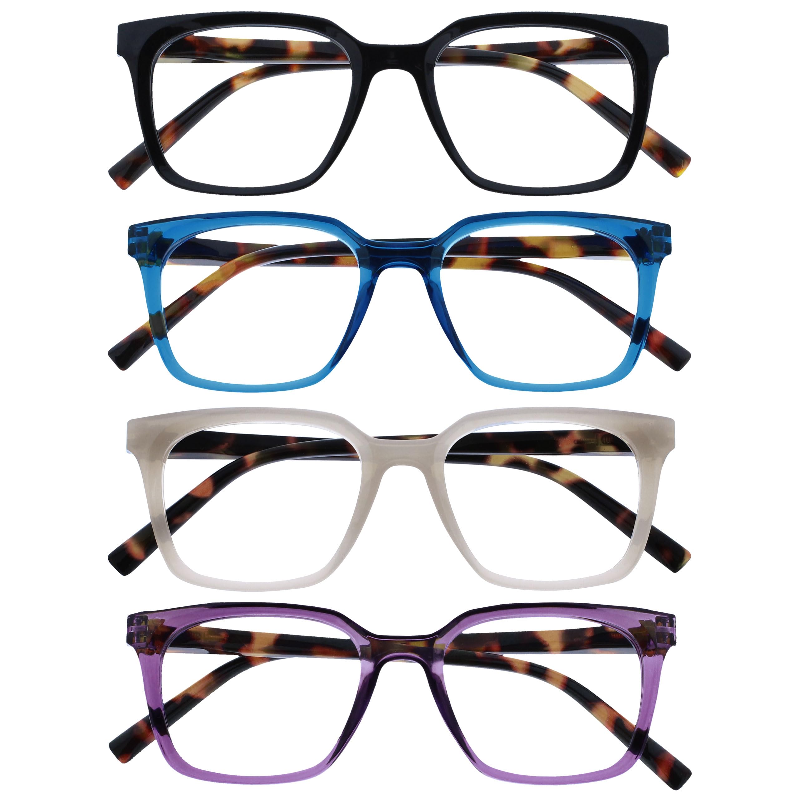 OPULIZE KOI Reading Glasses 4 Pack - Large Rectangular Frame - Black-Blue-Purple-Grey - Mens Womens- Spring Hinges - RRRR50-1357 - +1.00