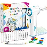 Air Brush Marker Sprayer Set for Kids w 12 Washable Markers &amp; 20 Stencils | Creative Activity for Boys &amp; Girls Ages 5 6 7 8 9 &ndash; Arts &amp; Crafts DIY Travel Indoor &amp; Outdoor Perfect Kids Birthday Gift