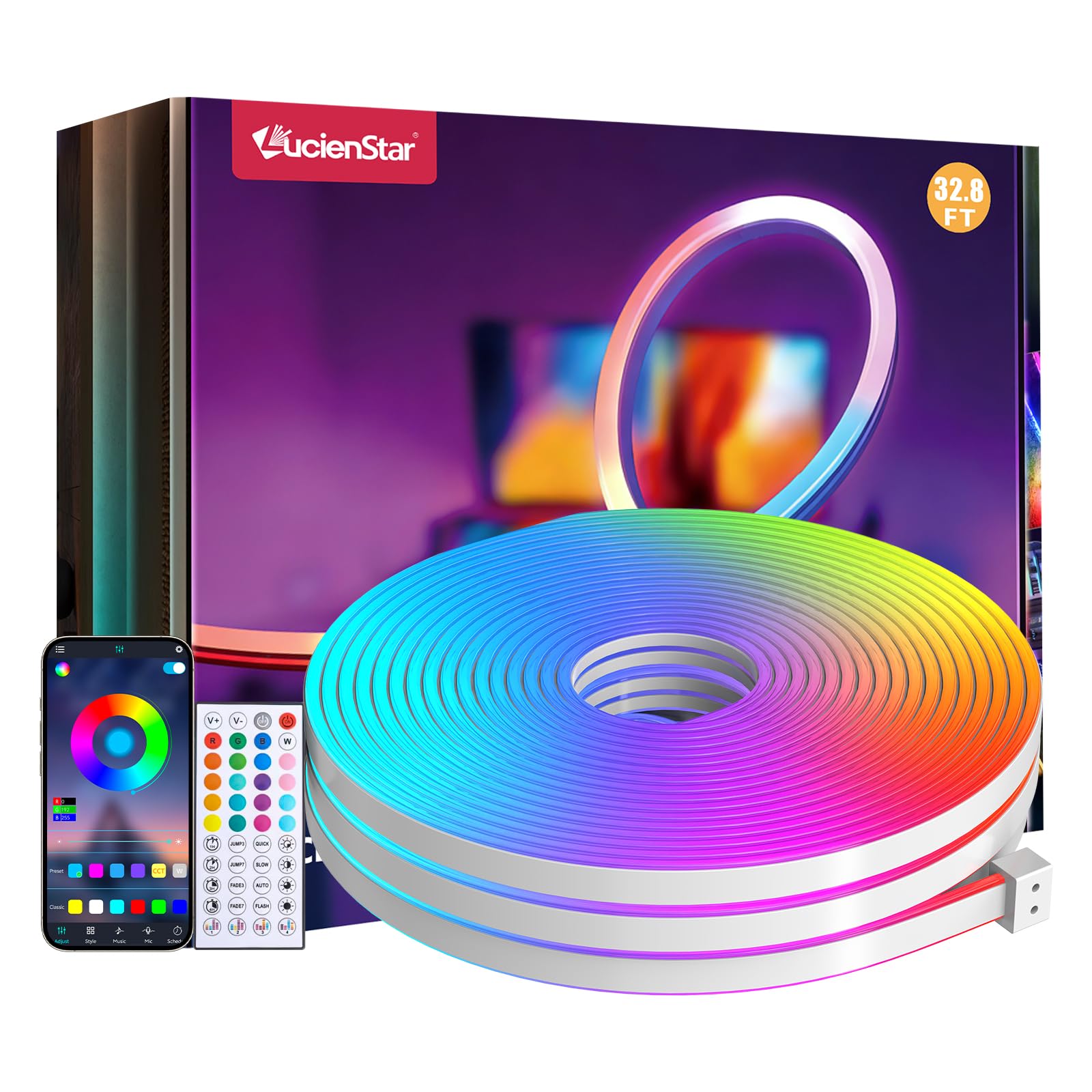 Lucienstar 10M RGB Neon Rope Light 24V, IP67 Waterproof Flexible LED Neon Lights Strip with Remote & APP Control, Music Sync for Bedroom DIY Garden, Party Decor [Energy Class F] — image 1