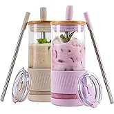 Pandaloo® Glass Cups With Lids and Straws -20 Fl Oz- Perfect Size Iced Coffee Cup - Smoothie Cup With Bamboo Lid and On the go Lid - Glass Tumbler (2 Count (Pack of 1), Lilac-Creamy Mushroom)