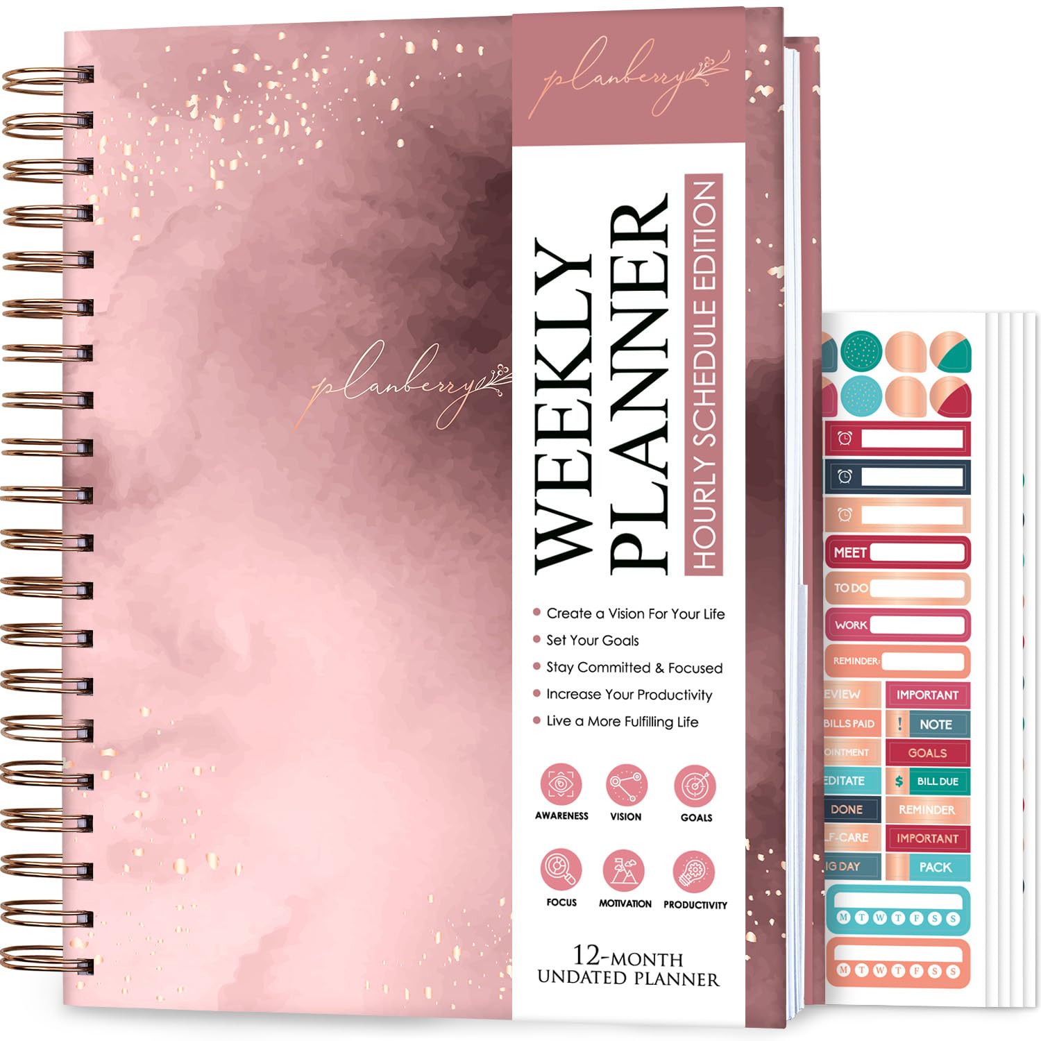 PLANBERRY Large Hourly Schedule Planner Premium – Undated Hourly Schedule & Budget Organizer for Time Management – Productivity Journal with Habit Tracker – 20 x 27cm Hardcover (Rose Gold)