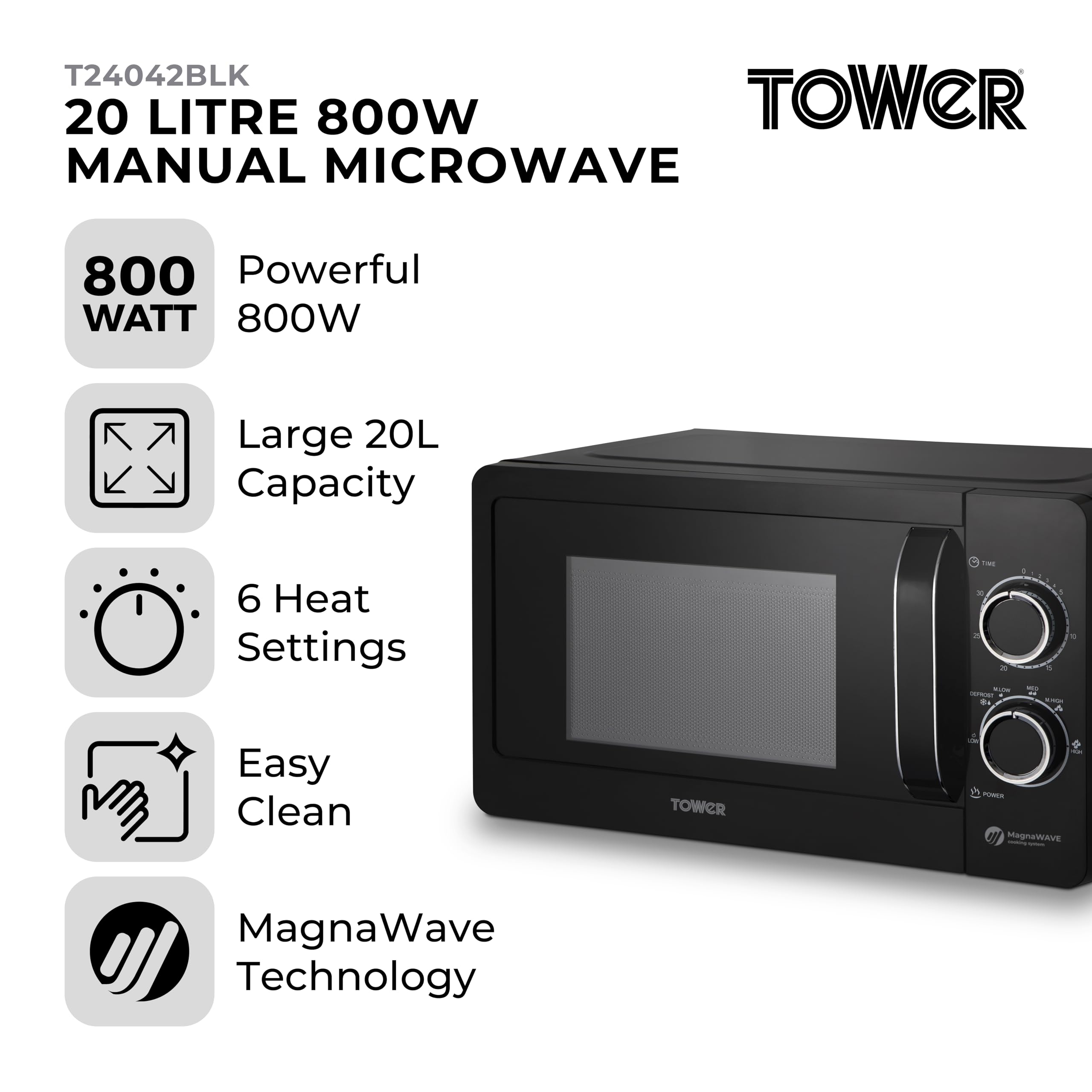 Tower T24042BLK Manual Microwave with Sleek Mirror Door, 800W, 20L, Black & Chrome