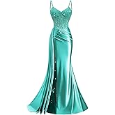 Rjer V Neck Mermaid Satin Prom Dresses 2025 Lace Appliques Corset Formal Evening Gowns with Train
