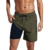 SILKWORLD 7 Inch Mens Swim Trunks with Compression Liner Quick-Dry Bathing Suit with Zipper Pockets