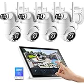 Wireless Security Camera System with 10" Touchscreen Monitor, 2K Dual Lens | 4-Cam Kit, 2.4/5GHz WiFi, 360&deg; PTZ, Auto Tracking, Motion Detection, Color Night Vision, 2-Way Audio, 10CH, 500GB HDD