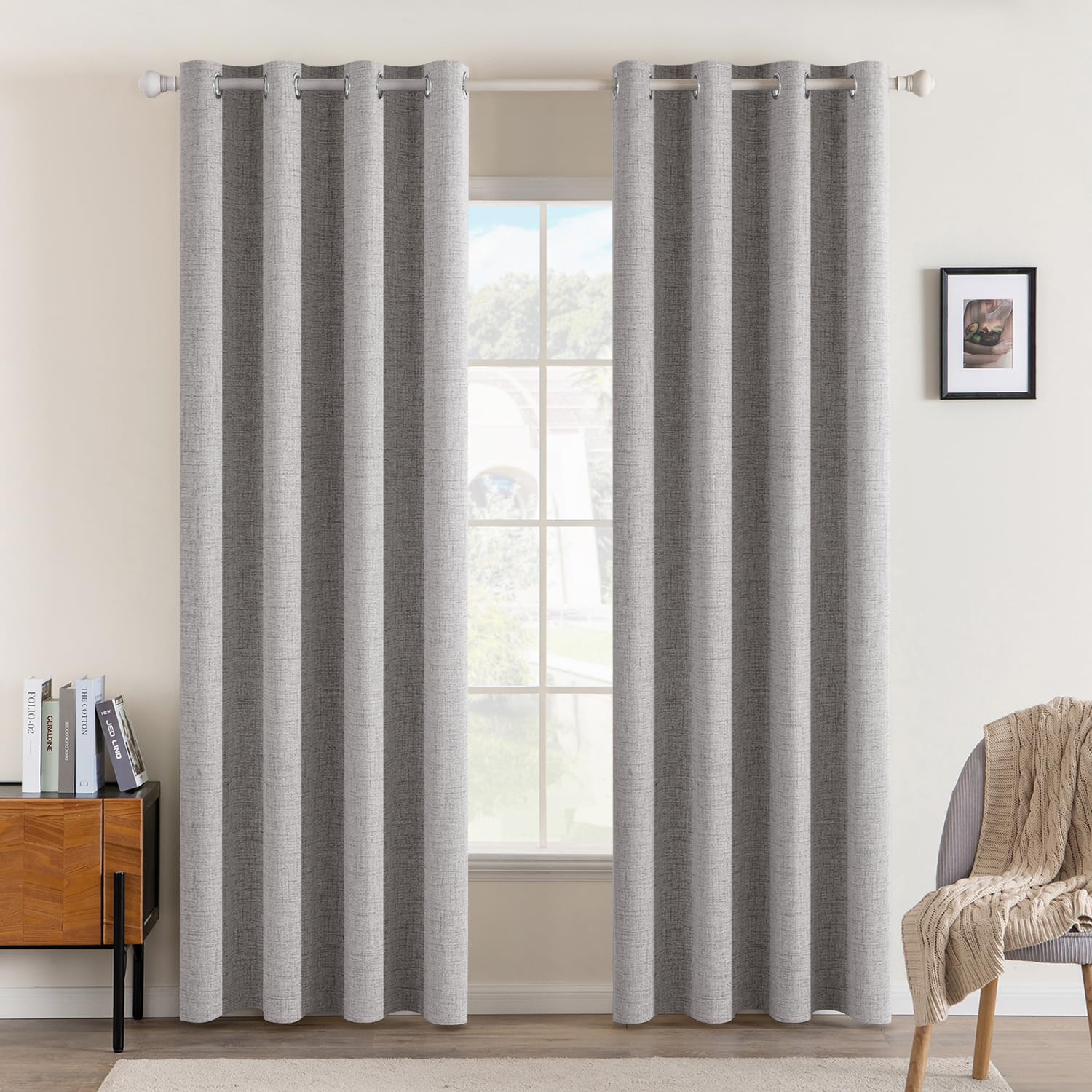 MIULEE Linen Texture Curtains for Bedroom Solid 100% Blackout Thermal Insulated Light Gray Curtains Grommet Room Darkening Drapes for Living Room Nursery 52x72 Inch (2 Panels) Image