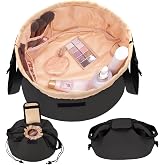 Large Flat Open Makeup Bag,Lay Drawstring Cosmetic Bag Travel Toiletry Bag | Barrel Drawstring Makeup Bag,Makeup Essentials Storage, Gifts for Women, Waterproof Nylon, Multi-pockets, Flat Open Design