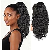 QINGHUACI Ponytail Extension, 16 Inch Drawstring Ponytail Curly Fake Ponytail Extension Wavy Pony Tails Hair Extensions Clip on Ponytails Synthetic Hairpiece Pony Tail Extensions for Women (Black)