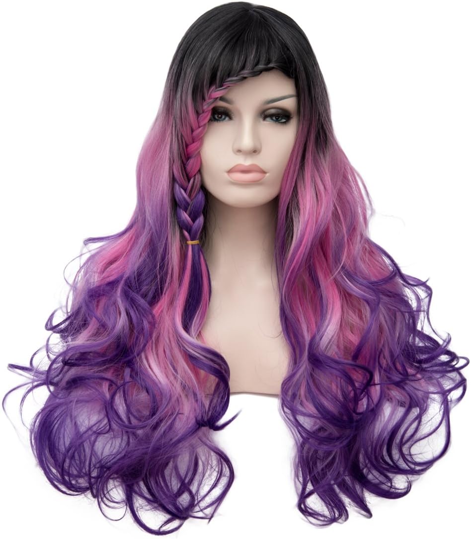 Priomix Synthetic Full Head Long Curly Rainbow Color Braiding Costume Wigs for Women Harajuku Lolita Christmas Party +Wig Cap (Black/Rose Red/Purple Ombre)