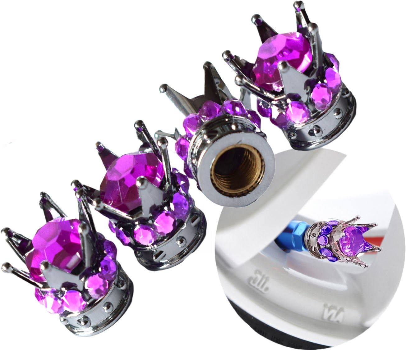 Silver Crown Purple Diamond Stones Chrome Plated Car Wheel Tire Tyre Valve Dust Caps Covers Tire Set of 4 (Silver Crown with Purple Stones)