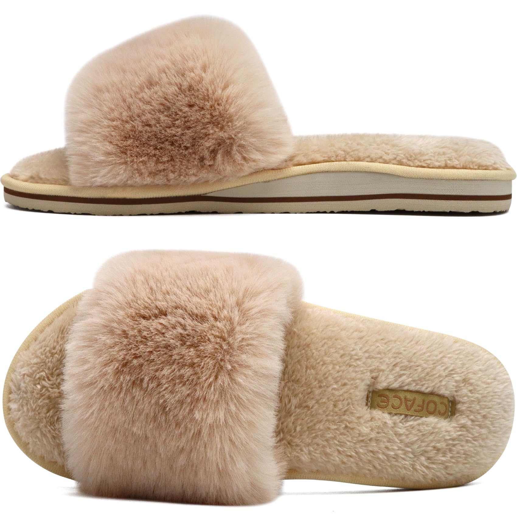 COFACE Women's Fluff Slippers Cute Fuzzy Slippers Memory Foam Ladies Slides  Open Toe Winter Warm Bedroom House