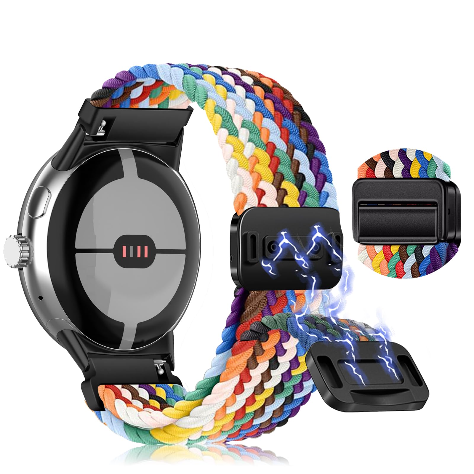 KoGiio Strap compatible with Google Pixel Watch 3 41mm / Google Pixel Watch 2 / Google Pixel Watch, Magnetic Adjustable Watch Band, Soft Nylon Braided Replacement Bracelet Strap Rainbow