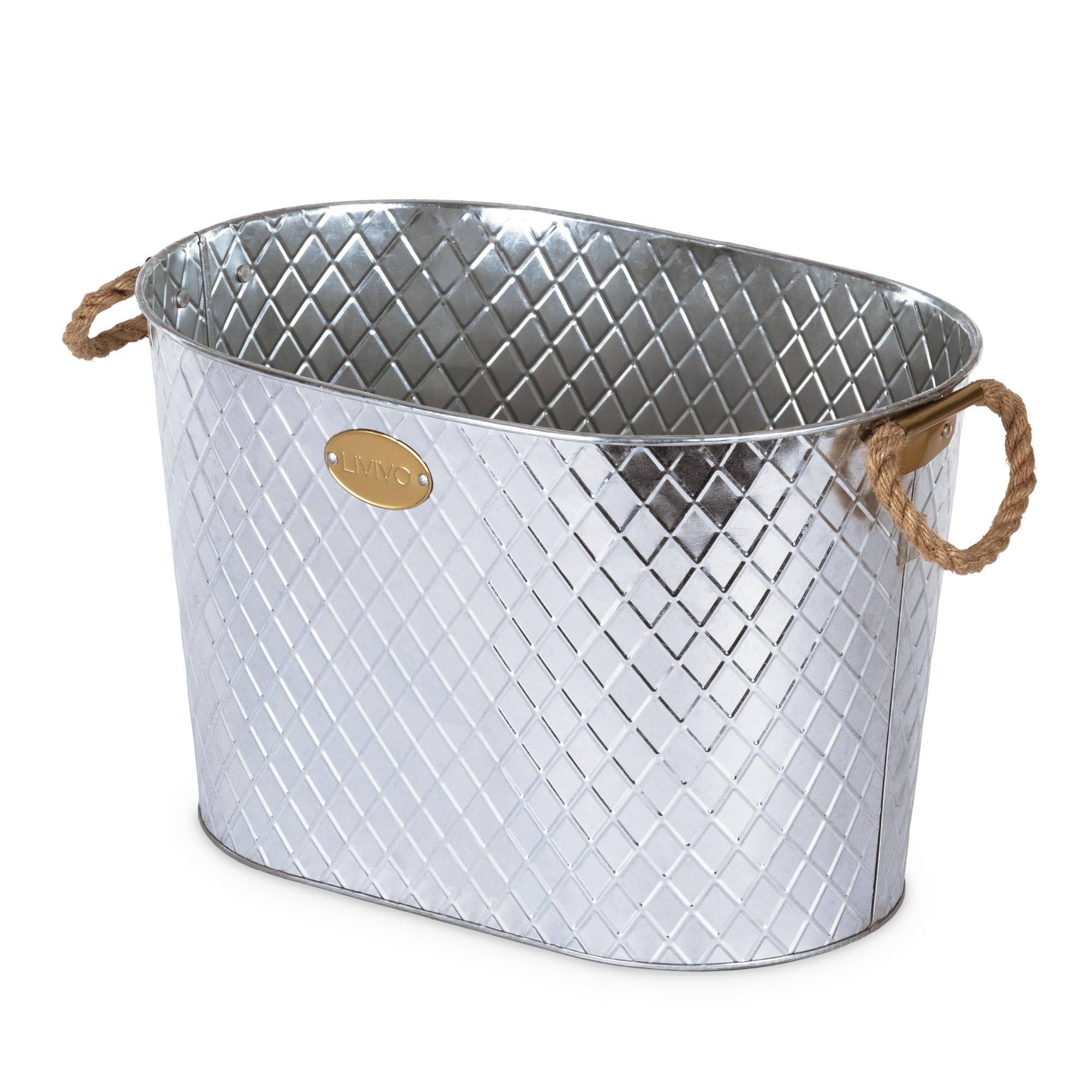 LIVIVO Galvanised Steel 24L Drinks Ice Cool Bucket Pail Diamond Embossed with Rope Handles - Great for Garden Parties, BBQs Cooling Bottles Tub, Cans of Beer or Soft Drinks Champagne Prosecco Whisky