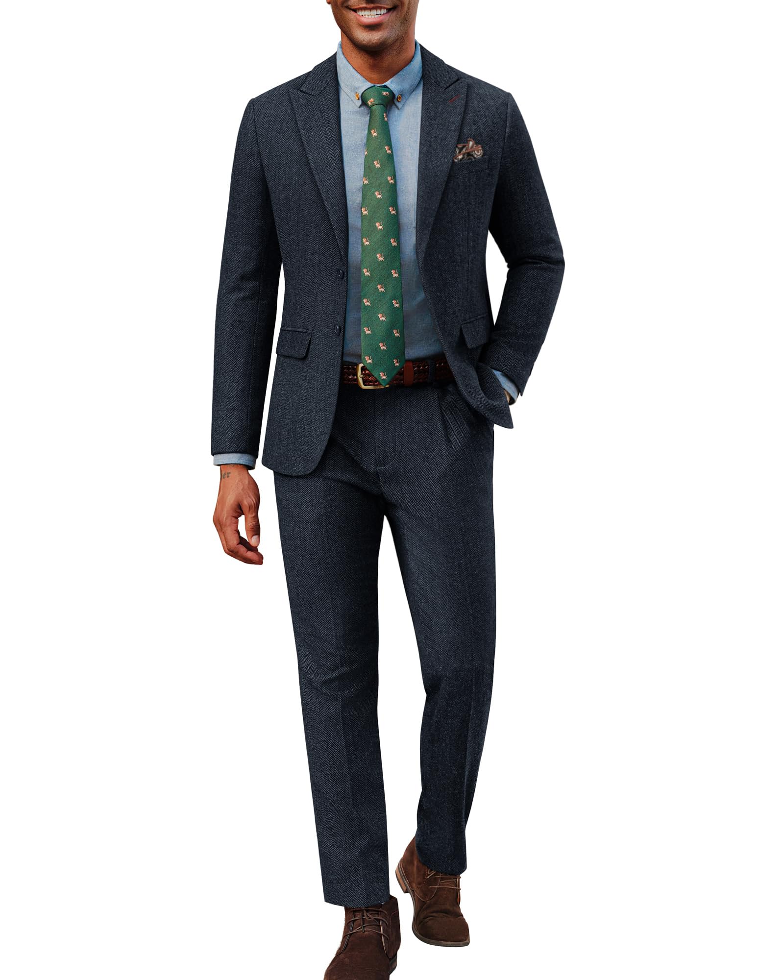 Photo 1 of PJ PAUL JONES 2 Piece Suit for Men Two Button Retro Blazer Wool Blend Tweed Herringbone Suit Jacket Pants Navy Blue