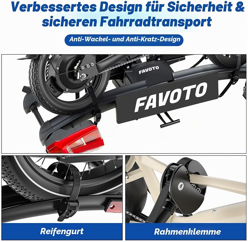 E-Bike Fahrradträger mit Klappbarer Rampe – Aluminium Heckträger für 2 Fahrräder bis 60 kg mit Rücklicht Diebstahlsicherung & Nummernschildhalter max 26x4.0 Reifen