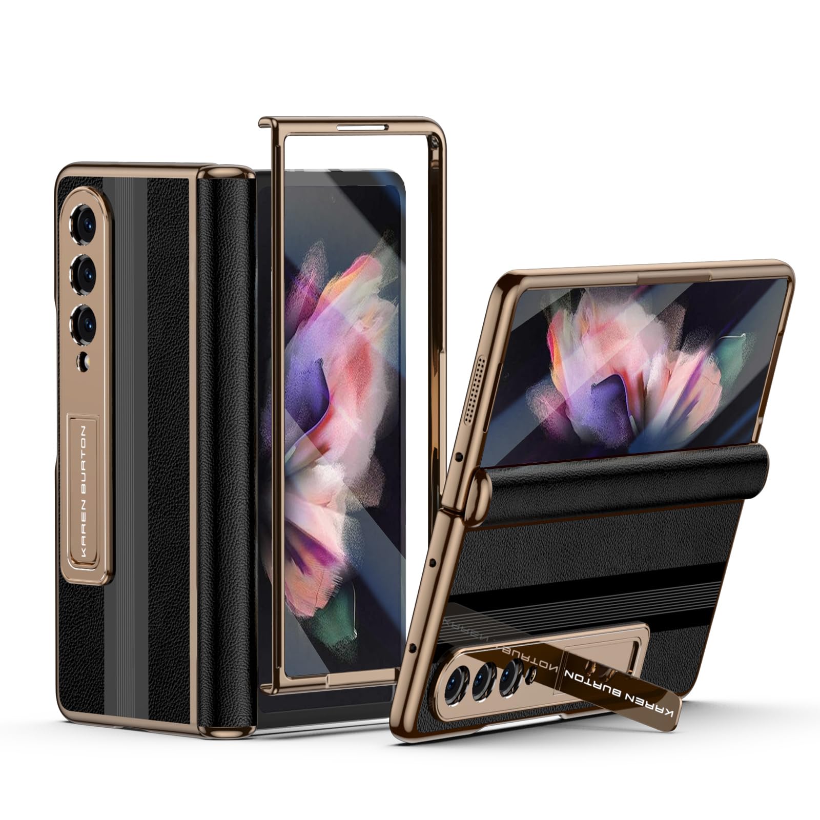 Photo 1 of karenDon for Samsung Galaxy Z Fold 3 Phone Case,Luxury Genuine Leather,Full Body Hinge Protection,Built-in Screen Protector,Kickstand Drop Proof Protective Cover for Galaxy Z Fold3 (Black)