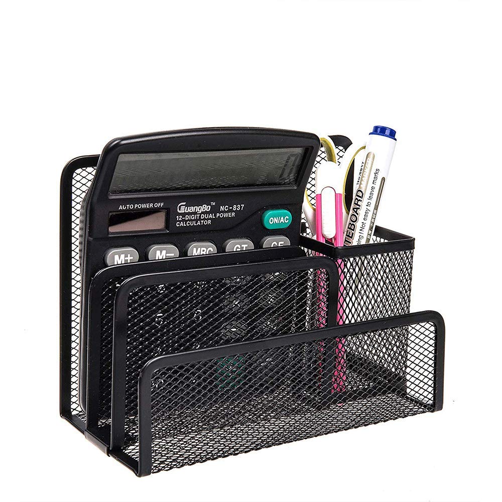 Desk Organiser, Pen Holder, Metal Desk Organiser, Mesh Desk Accessories with 4 Compartments for Office, School and Home, Black