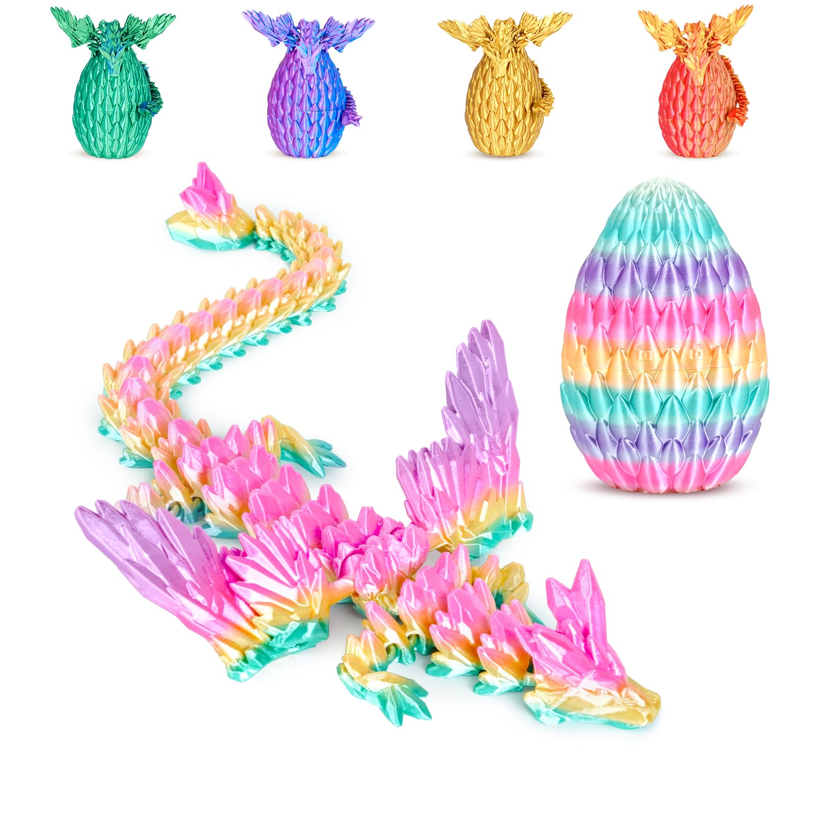 Winged Dragon Inside Surprise Egg Fun Collectible Toy Gift for Kids and Adults, 3D Printed Fantasy Dragon Ideal for Christmas Easter Birthdays and Holiday Decorations (Rainbow, Medium)