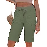 luvamia Bermuda Shorts for Women Knee Length Pull On Elasitc Waist High Rise Fold Hem Casual Summer Chino Cargo Shorts