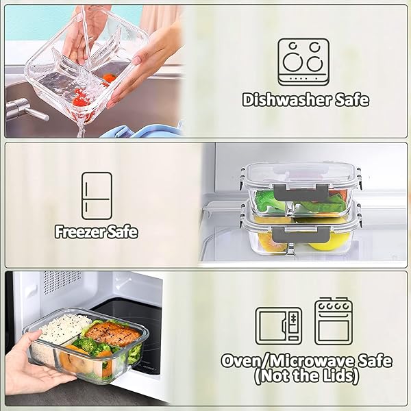 M MCIRCO [5-PACK, 36 OZ] GLASS MEAL PREP CONTAINERS 3 COMPARTMENT WITH LIDS, GLASS LUNCH CONTAINERS,FOOD PREP LUNCH BOX,BENTO BOX,MICROWAVE, OVEN, FREEZER, DISHWASHER (4.5 CUPS)