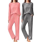 Ekouaer 2 Pack Women Pajama Long Sleeve Sleepwear Soft Loungewear Pjs Sets with Pockets S-XXL