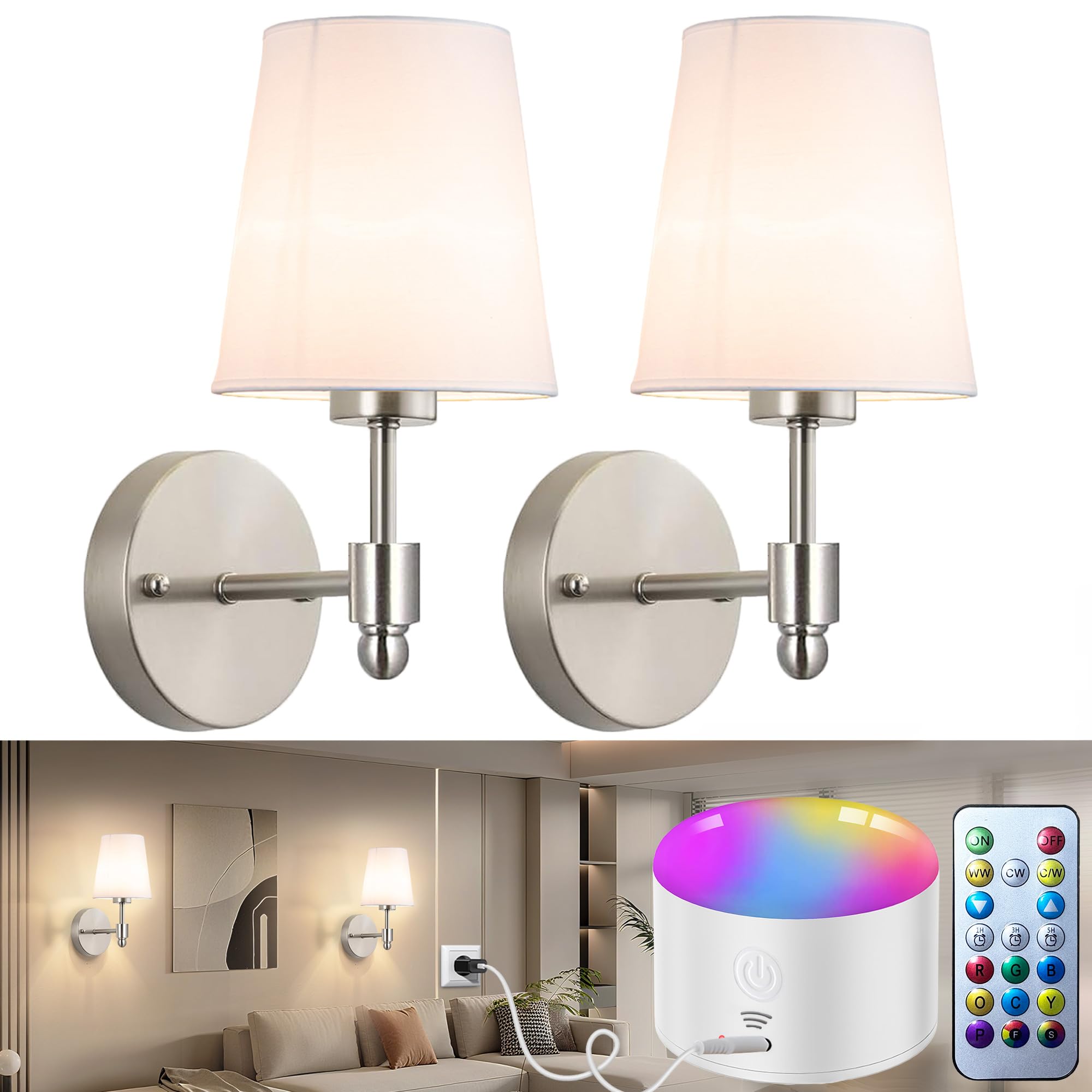 Photo 1 of YHCDLAMP Battery Operated Wall Sconces Set of Two, Rechargeable Wireless Wall Lights with 10000mAh RGB Dimmable Detachable Bulb, Battery Sconces Wall Decor with Remote for Bedroom Living Room Hallway