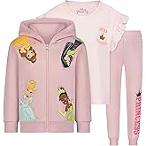 Disney Princess Cinderella, Belle, Tiana and Mulan Girls Hoodie, T-Shirt and Pant Set for Toddlers and Big Kids