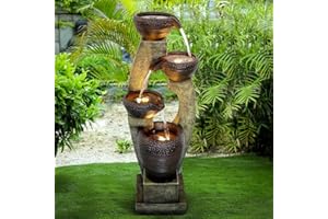 Naturefalls 40” H Modern Outdoor Fountain - 4 Crocks Outdoor Garden Fountains with Contemporary Design&LED Light for Garden, Patio, Deck, Porch, Backyard and Home Art Decor (40in, Light Gray)
