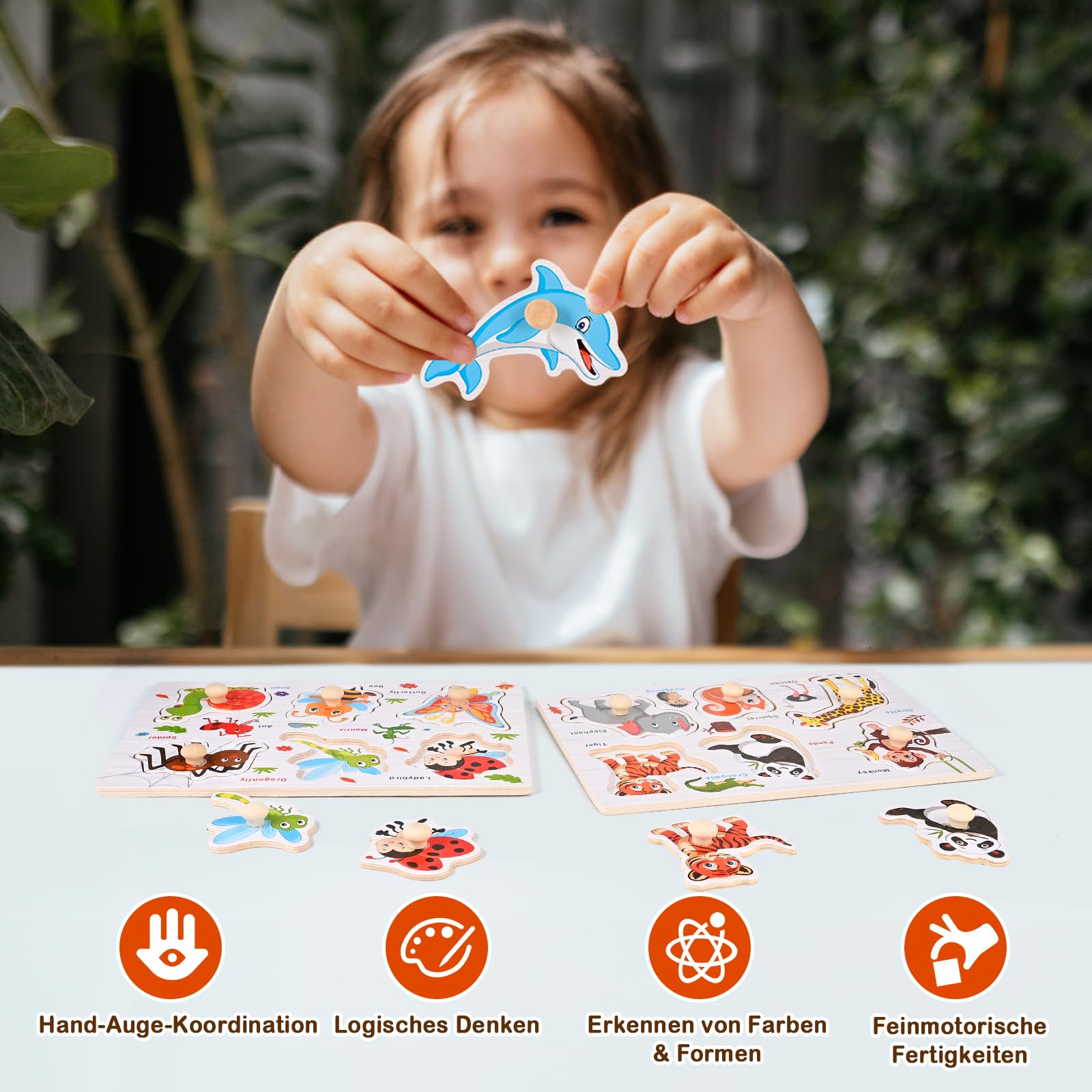 Wooderma Wooden Peg Puzzles for Toddlers 1-3, 6 PCS Puzzles for Kids, Montessori Toddler Numbers, Vegetables, Fruits, Insects, Sea and Animals Puzzles, Great Preschool Gifts for Girls and Boys
