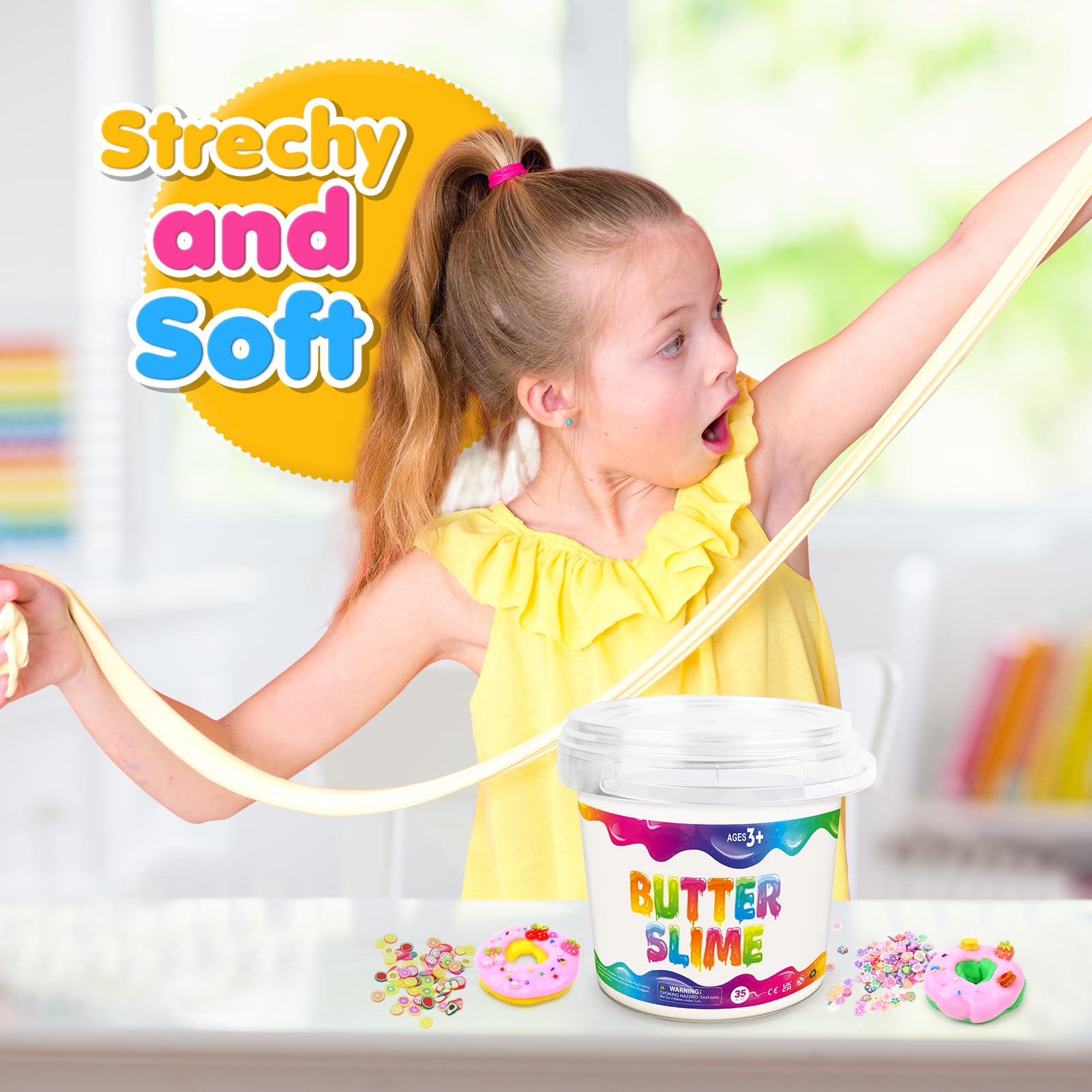 Butter Slime Kit for Girls Big Bucket: 35 FL OZ Non-Sticky and Stretchy Slime - White Premade Butter Slime Making Kits with Add-ins and Small Containers - Fun Birthday Gift for Kids Grils