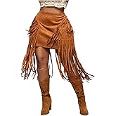 WDIRARA Women's Plus Size Suede Fringe Skirt High Waisted Tassel Western Cowgirl Short Skirts