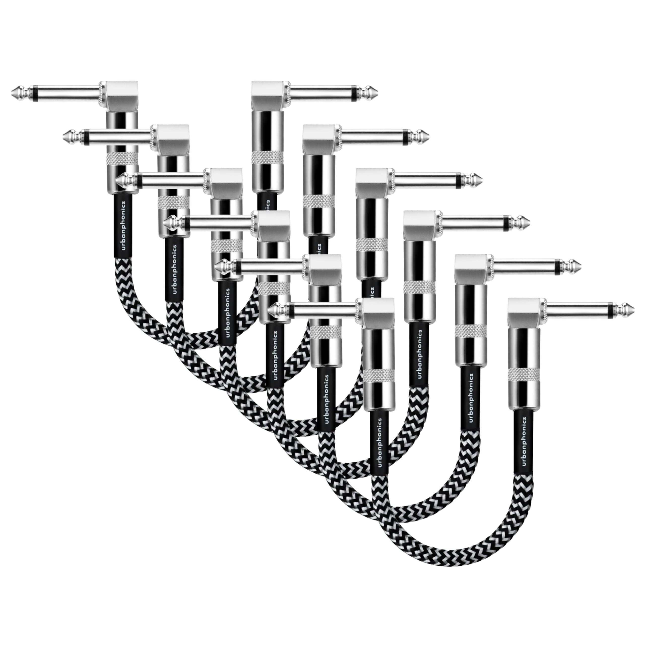 Urbanphonics Guitar Patch Cable | 6.35mm Jack Pro Grade Noiseless | 23 cms Pedalboard Cord Lead | Right Angle Male to Male | for Guitar, Bass and Effects Pedals | 6 Pack Black & White Braided Tweed