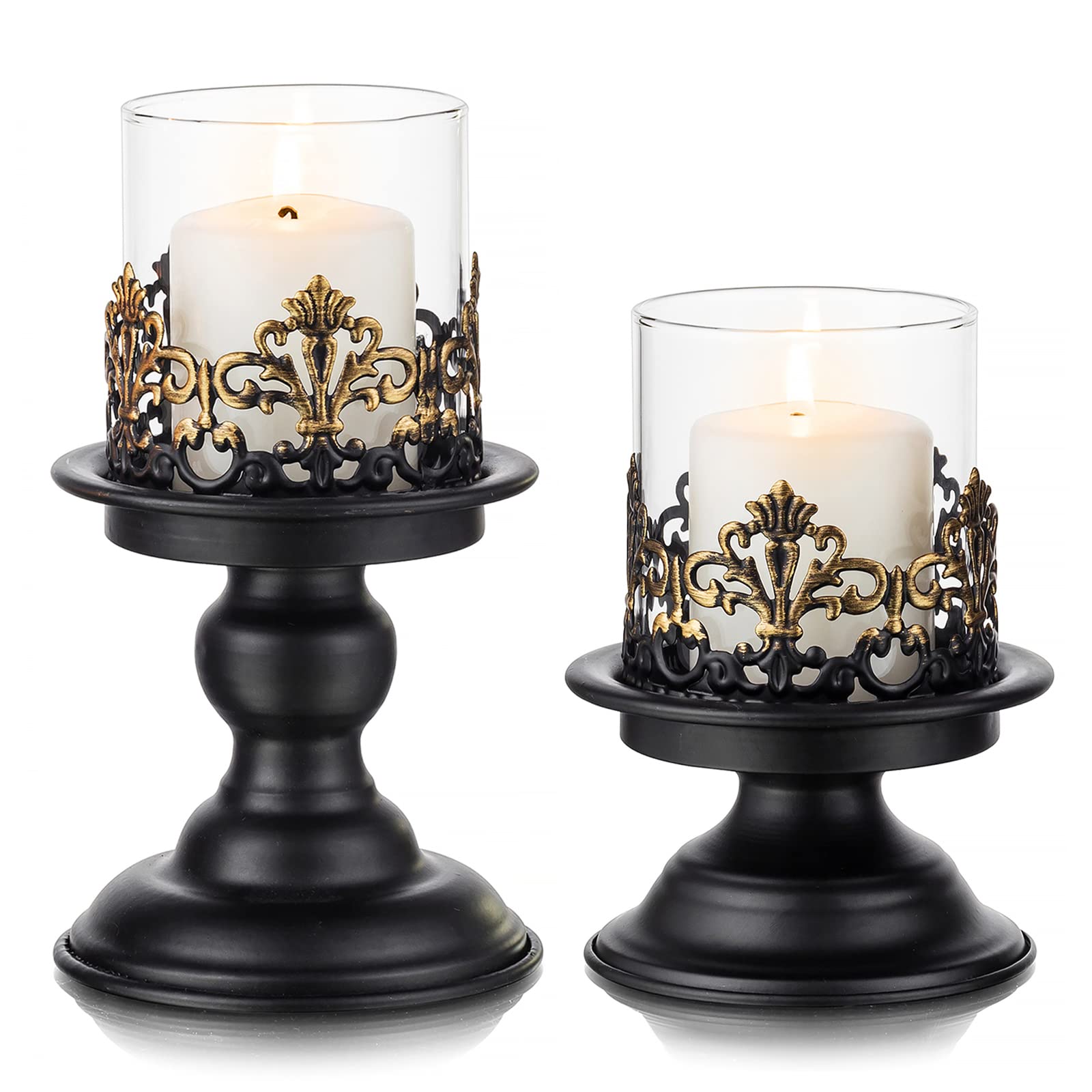 Sziqiqi Black Shabby Chic Pillar Candle Holder Set for Tables - Gothic Candlestick Holder Rustic Glass Hurricane Candle Holders Centrepieces for Mantlepiece Fireplace Dinner Desk Tabletop Ornament