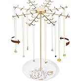 PABOBIT Rotating Necklace Holder Jewelry Stand, Gold Necklace Organizer Display with 48 W-shaped Hooks,Jewelry Organizer for Necklaces Earrings Rings Storage Tree, Presents for Women
