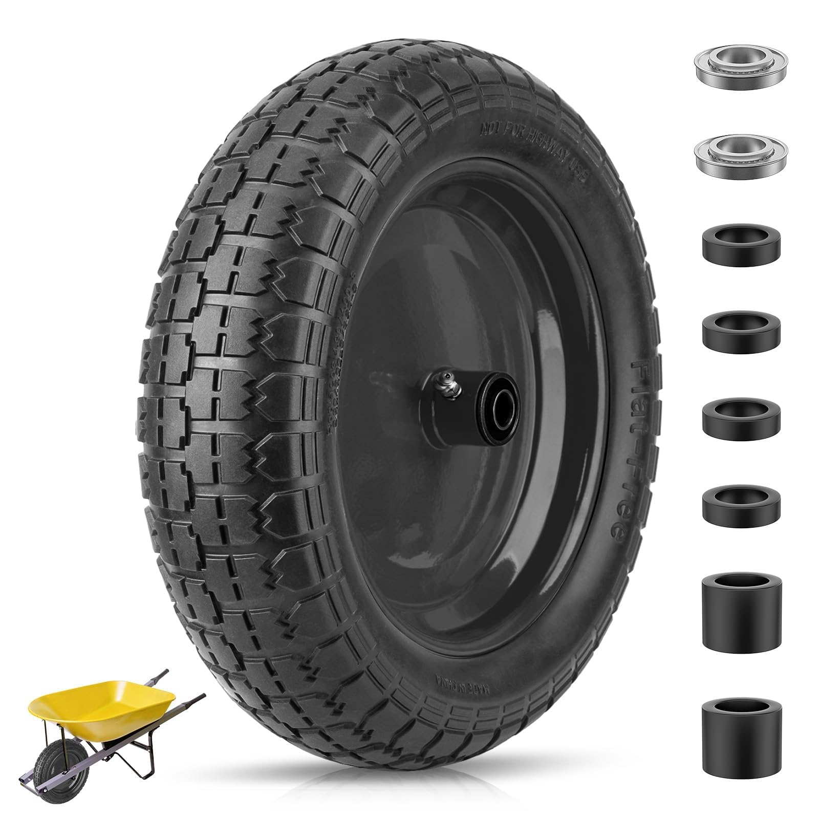 Photo 1 of TICONN 4.80/4.00-8 Tire, 14.5" Flat Free Wheelbarrow Tire and Wheel, Solid Replacement Tires with 3" Centered Hub, 5/8" 3/4" Bearings, Universal Fit 4.80/4.00-8, 3.50/3.00-8, 4.00-6 (Black)