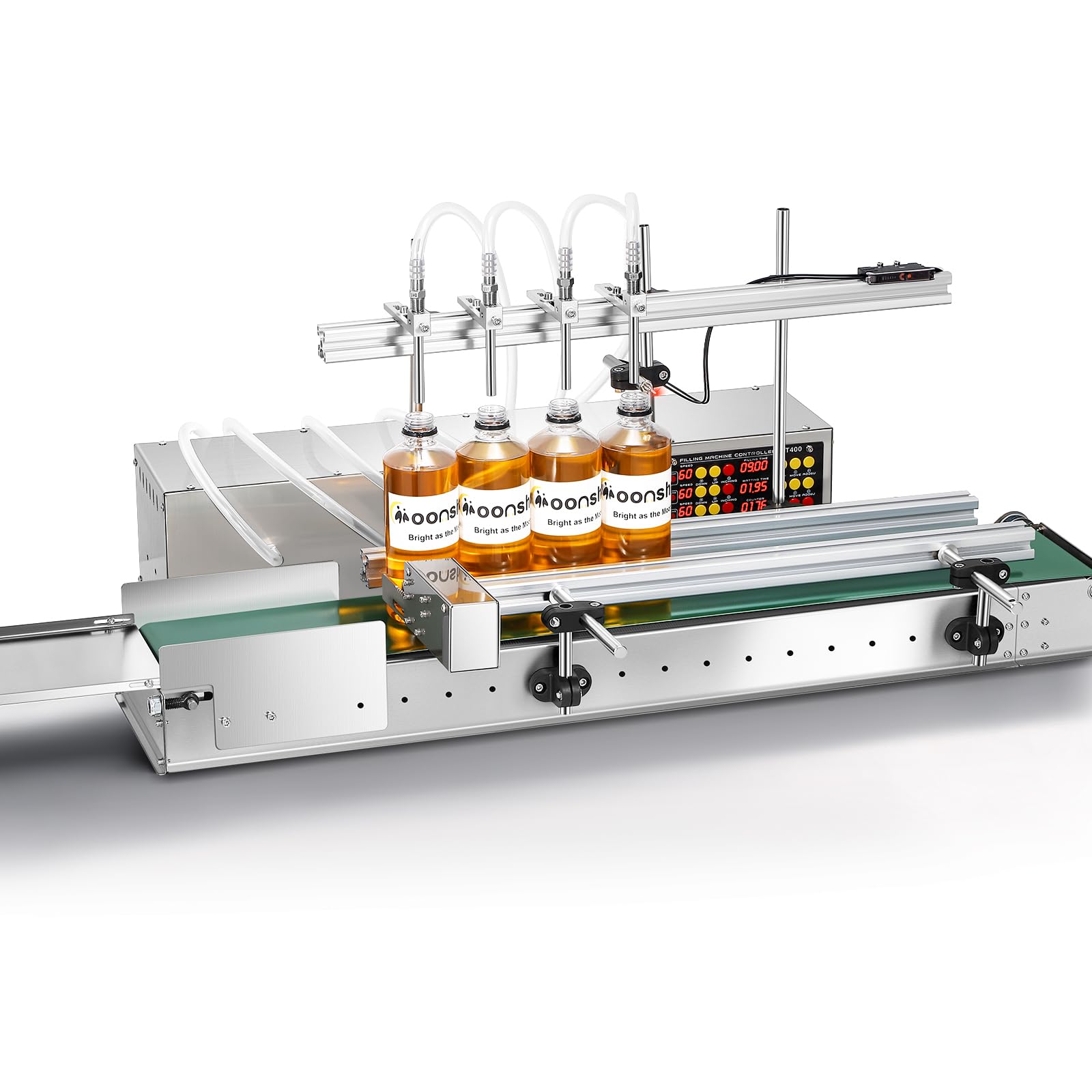 Photo 1 of ** FACTORY SEALED** Moonshan 4-Nozzle Automatic Liquid Filling Machine Line 1-30 Ounce Bottle Filling Machine Bottle Filler with 35 Inch Belt Conveyor Desktop Version for Juice Wine Detergent