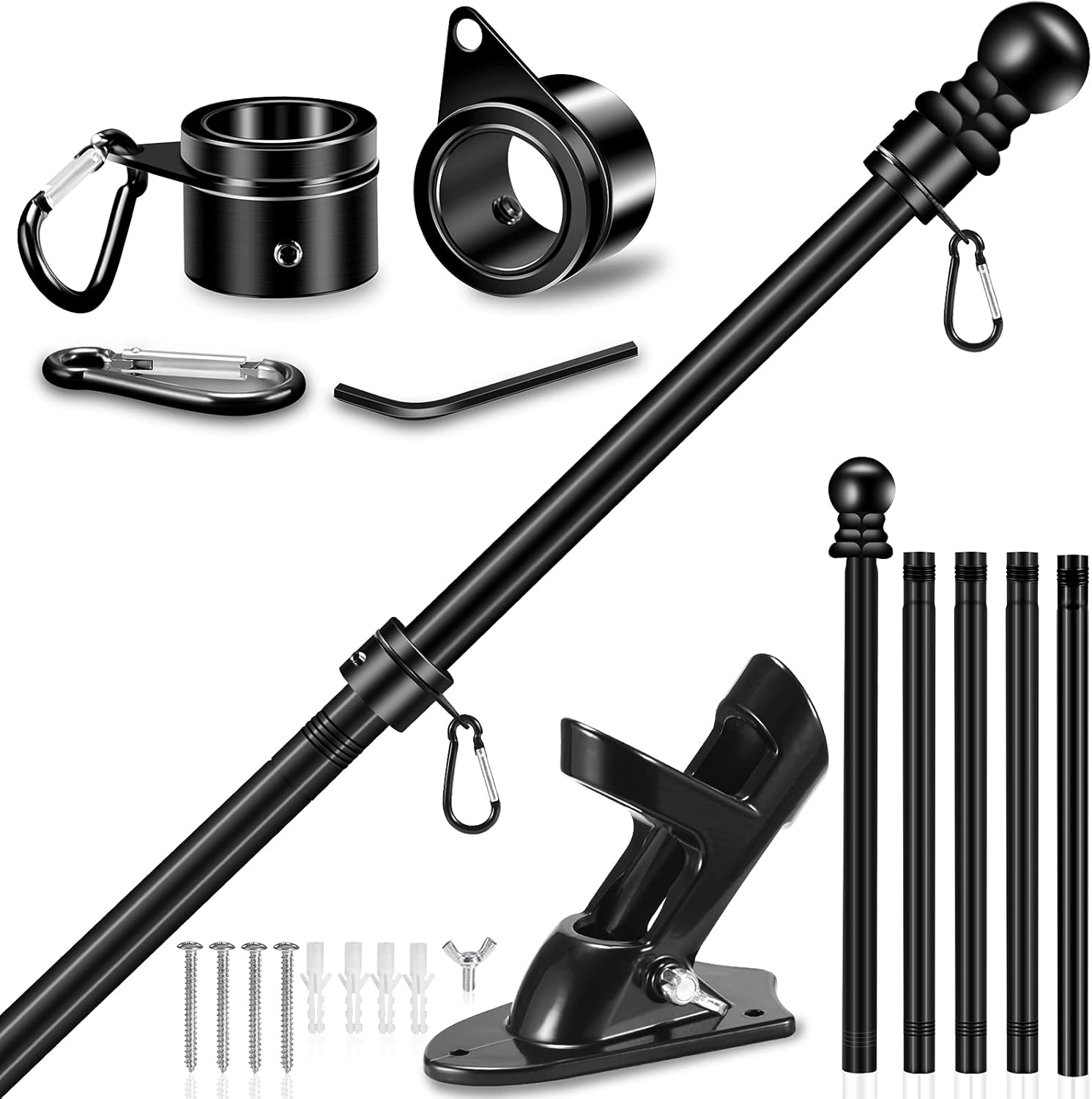 Flagpole Hardware - Upgraded Flag Pole Kit w/ 2-Position Bracket Holder & w/Spinning Rings - 5FT to 6Ft 1
