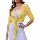 YuYukan Womens 3/4 Sleeve Shrug Sheer Mesh Cardigans Tie Front Cropped Lightweight Bolero Shawl Top for Casual Going Out