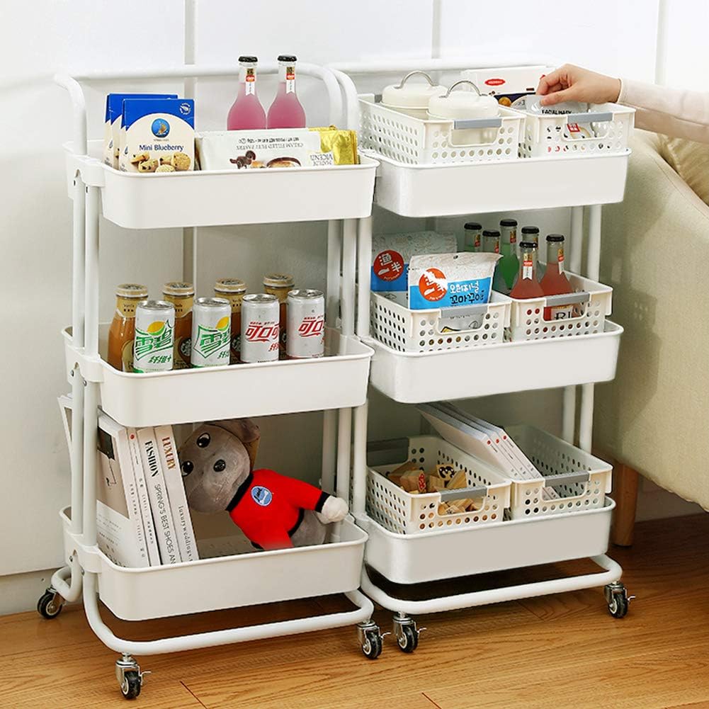 Coideal 3 Tier Rolling Utility Cart Trolley Storage Shelves Multifunction Service Cart with Mesh Basket Handle and Lockable Wheels for Bathroom Kitchen Office (White) : Office Products