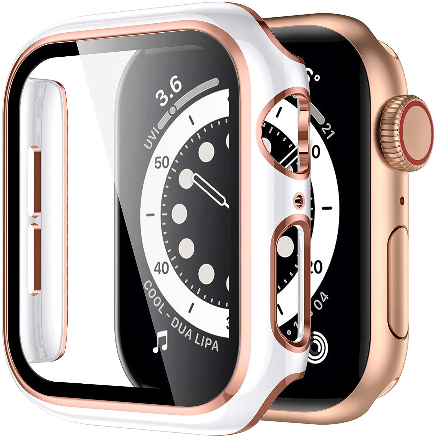Miimall Compatible with Apple Watch Series 6/5/4/SE 44mm Case with Tempered Glass Screen Protector, PC Plating Edge All-around Scratch-resistant Protective Case for iWatch 44mm (White and Rose Gold)