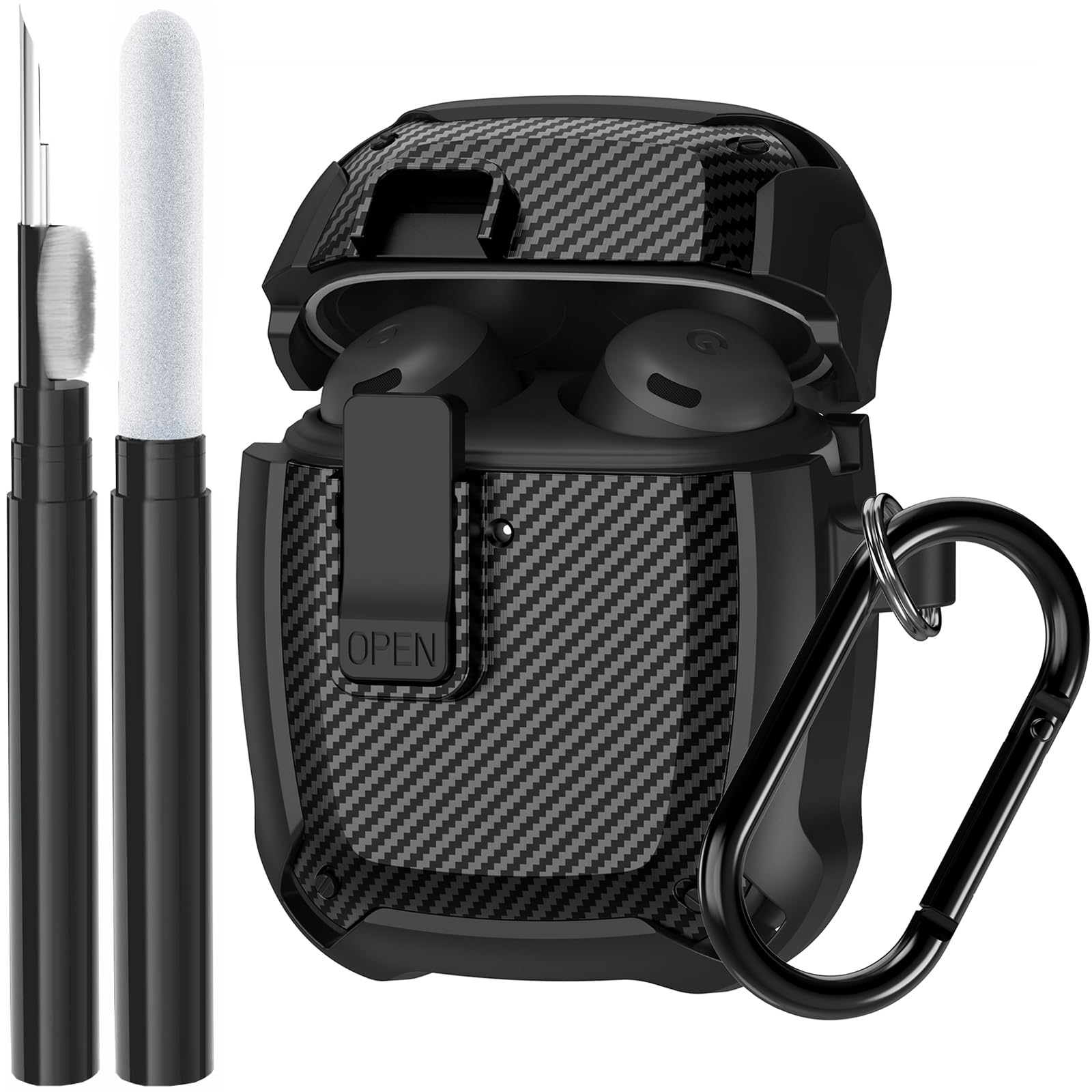 Photo 1 of Compatible Google Pixel Bud Pro & Bud Pro 2 Case Lock Clip with Cleaner Kit, Military Shell Protective Armor Cover with Lock & Carabiner for Google Pixel Buds Pro 2022/2024, Black