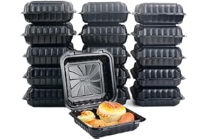 Tabergpak 50 Pack To Go Containers 8 inch Reusable Black Clamshell Take Out Food Prep Containers with Lids Lunch Boxes Microwave Freezer Safe Hinged Food Trays