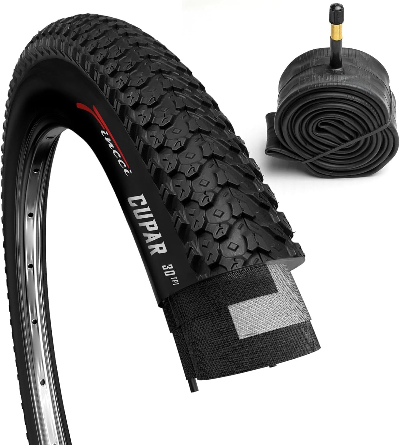 Fincci Set Foldable Mountain Bike Tyre 26 x 2.125 with 26 inch Inner Tube Schrader 48 mm Valve - 26 Inch Bike Tyre for MTB,Cross Country, Road, City bikes - Pack bicycle accessories 57-559
