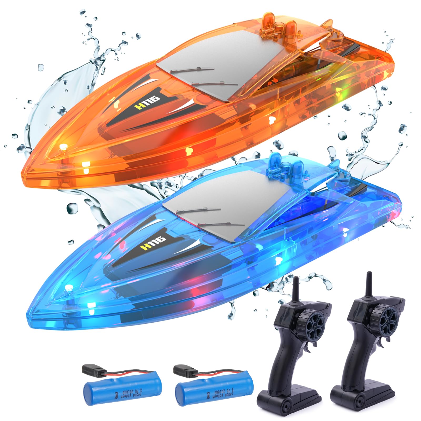 YEETFTC 2Pack LED Light RC Boat Remote Control Pool Water Toys for Kids Ages 8-12 Adults Lakes Bathtub Toy with Whole Body Waterproof,Low Battery Alarm,2.4Ghz,Control Range 50M,Rechargeable Battery