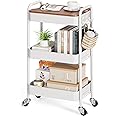 TOOLF 3-Tier Rolling Cart, Metal Utility Cart with Detachable Tray Top, Storage Craft Art Cart Trolley Organizer Serving Cart Easy Assembly for Bathroom, Living Room, Office, Kitchen, Classroom, White