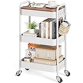 TOOLF 3-Tier Rolling Cart with Table Top, Metal Storage Cart on Wheels, Utility Organizer with Wooden Tray, Lockable Casters, Easy Assembly for Bathroom, Living Room, Office, Kitchen, White