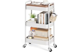 TOOLF 3-Tier Rolling Cart with Table Top, Metal Storage Cart on Wheels, Utility Organizer with Wooden Tray, Lockable Casters, Easy Assembly for Bathroom, Living Room, Office, Kitchen, White