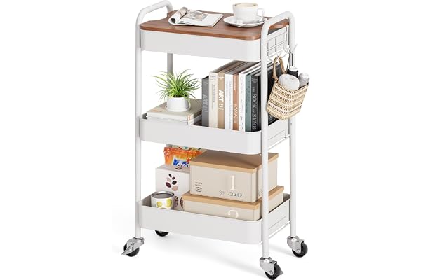 TOOLF 3 Tier Rolling Cart, Metal Utility Storage Cart with Wheels, White | Wooden Tabletop, 3 Hooks, Screwless Assembly, Lock