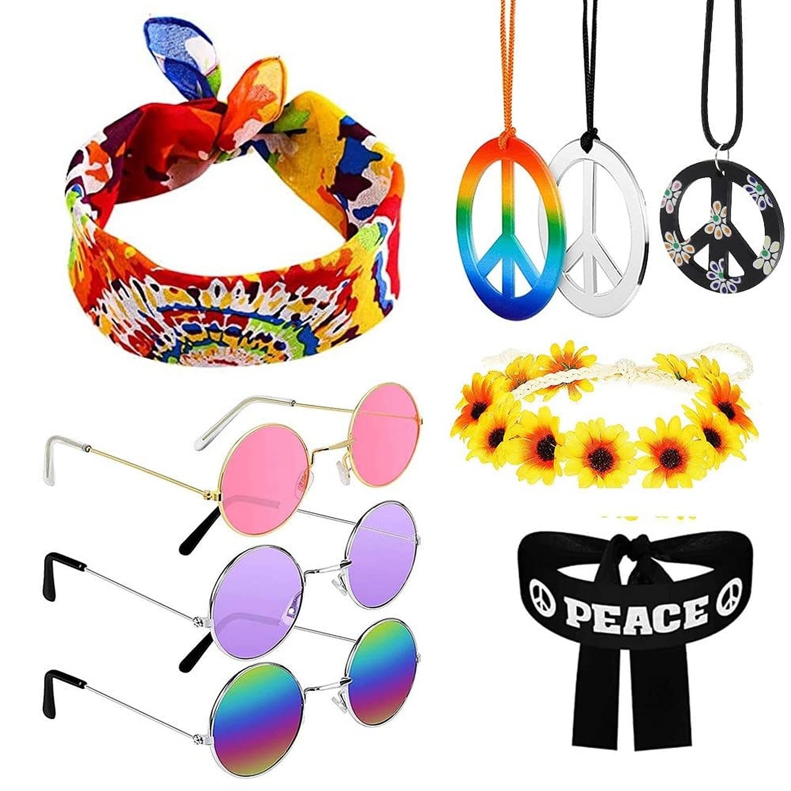 UYUYong Hippie Costume Set Retro Hippie Accessories Men Women Round Sunglasses Peace Sign Necklace Sunflower Necklace and Colorful Hipp ie Headband for 70s 80s Fashion Theme Party